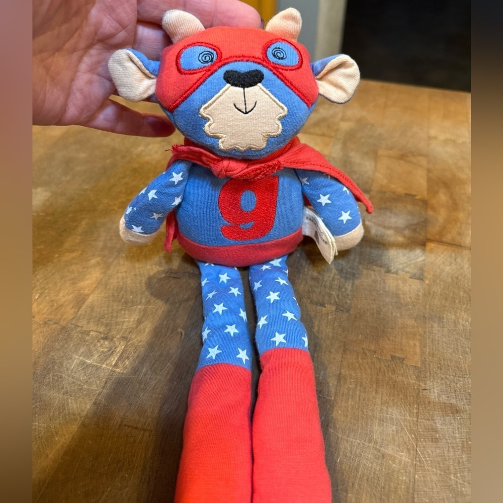 Organic Farm Buddies Starry Superhero Bear Red and Blue Soft Baby Toy